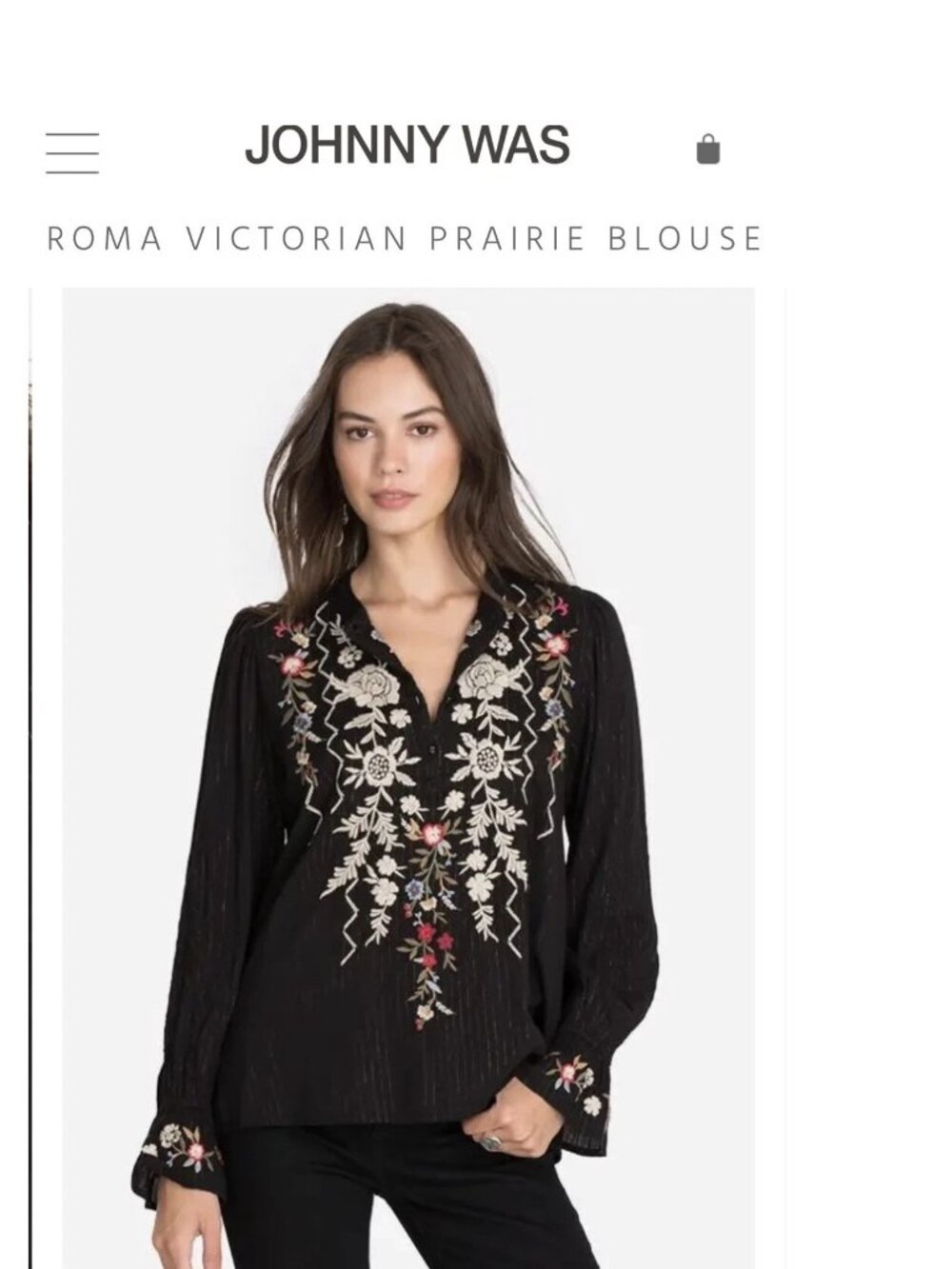 Johnny Was Roma Victorian Prairie Embroidered Metallic Stripe Blouse (L)